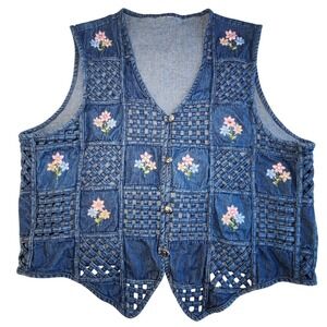BOBBIE BROOKS Denim Vest Womens XL Embroidery floral Lattice cottagecore VTG 90s